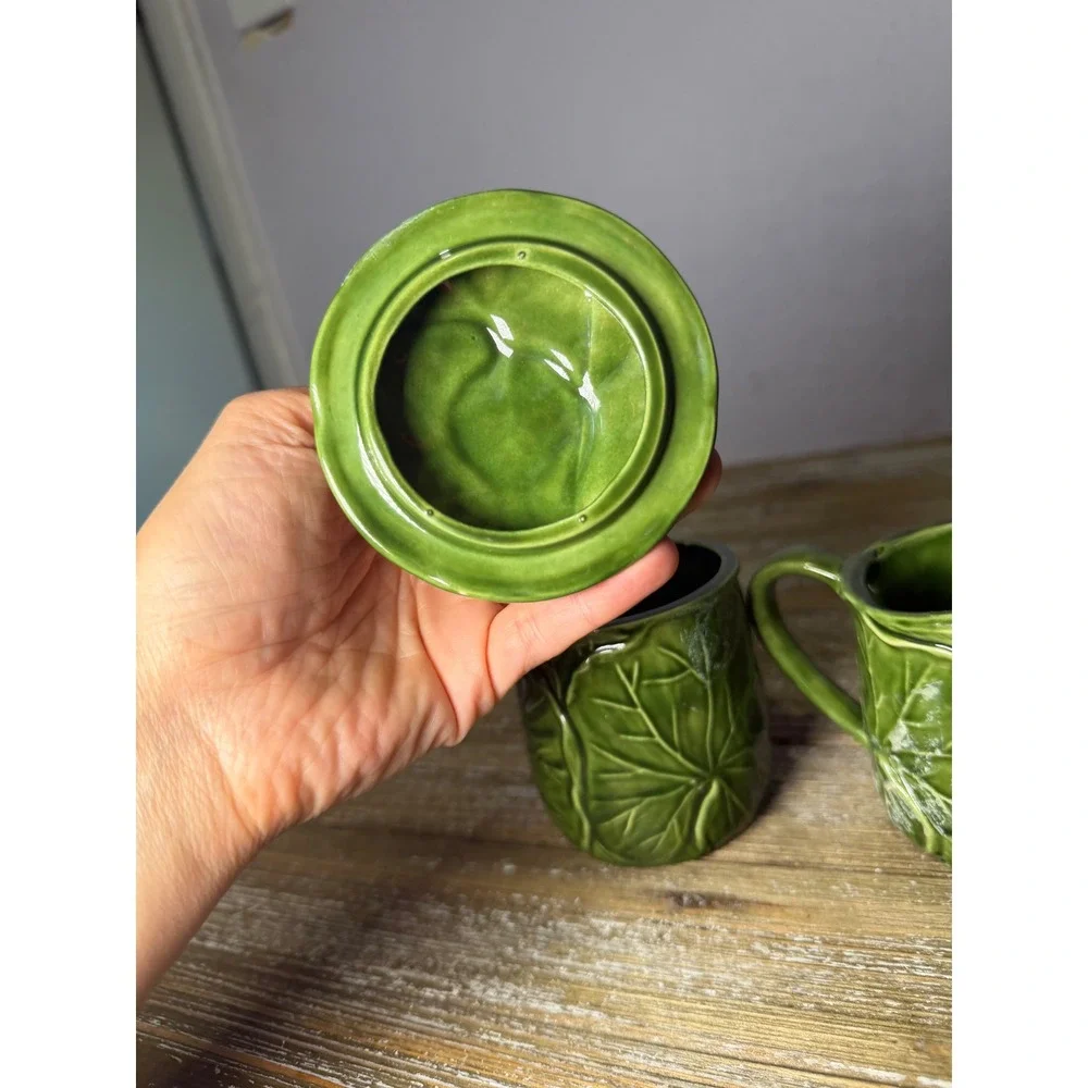 Vintage Neil the Frog Lily Pad Ceramic Cream Sugar Set Green Kitsch Cottagecore